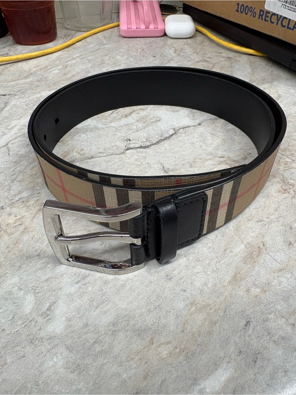 Burberry Beige Nova Check Leather-Trim Men's Belt